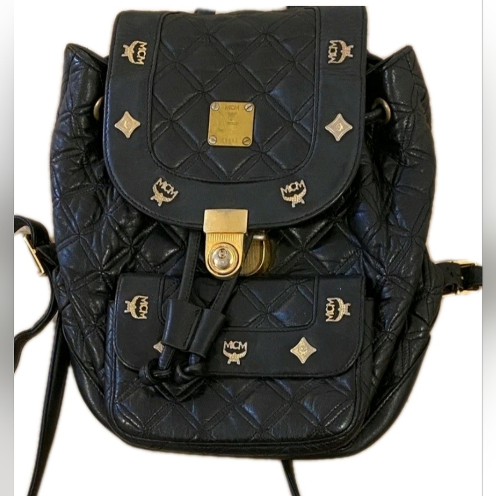 MCM Black Quilted Leather (Unisex) Mini Backpack / Handbag ( GUC)